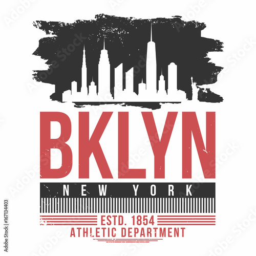 New York, Brooklyn typography for t shirt print. T shirt graphics with city skyline silhouette