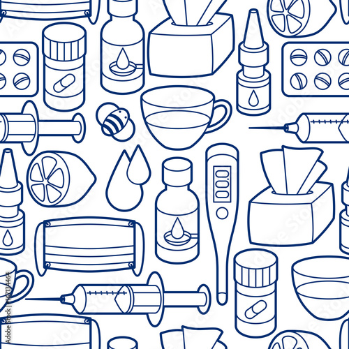 Seamless pattern with medicines and medical objects. Treatment of cold and flu