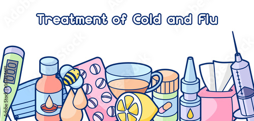 Banner with medicines and medical objects. Treatment of cold and flu
