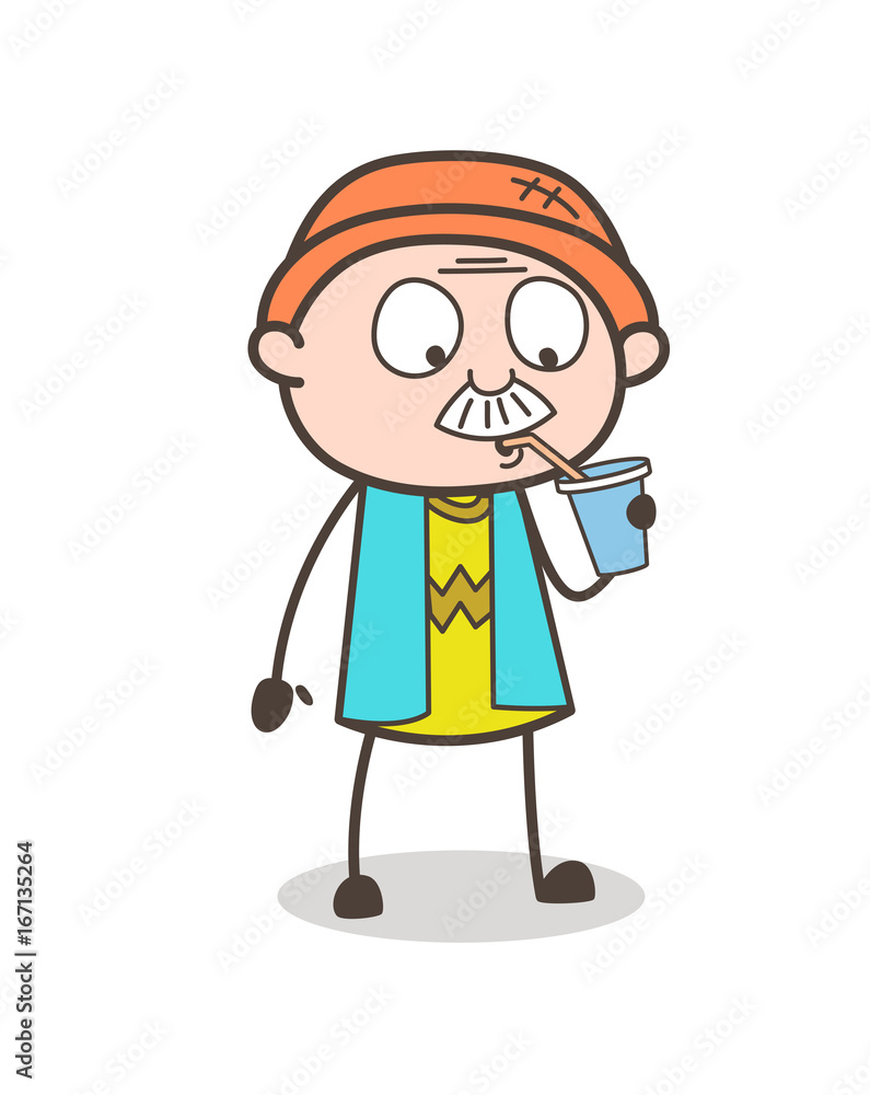 Cartoon Old Thirsty Guy with Cold Drink