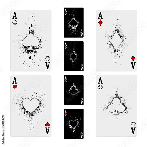 Set of four aces deck of cards for playing poker and casino on a white background in grunge style. Spades, diamonds, clubs and hearts. Vector illustration.