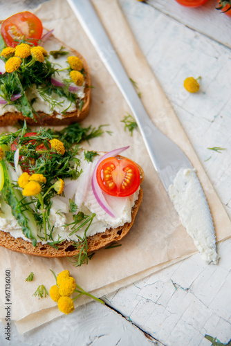 Promegranate green sourdough open face sandwiches toast photo