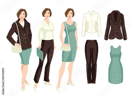 Vector illustration of corporate dress code. Variations look with suit, dress and blouse, Young business women or teacher in formal clothes