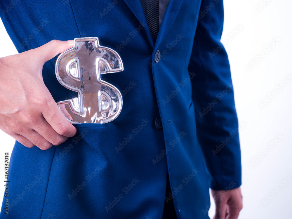 Young businessman Hold a financial .symbol in a suit pocket.