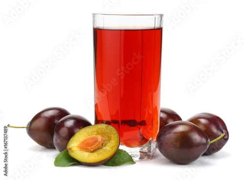 fresh plum fruit with juice isolated on white background