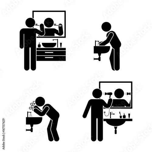 Personal hygiene bathroom set. Vector illustration of teeth brushing, washing hands and face, hair drying pictogram