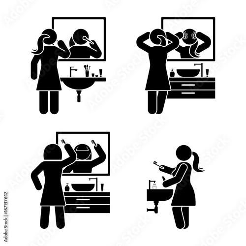 Personal hygiene bathroom set. Vector illustration of teeth brushing, washing face, make up, combing hair pictogram