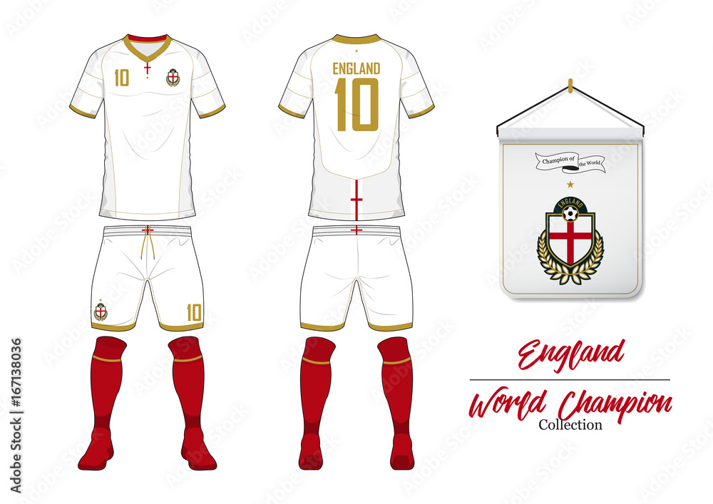 Soccer jersey or football kit in World Championship Collection. England  football national team. Football logo with house flag. Sport shirt mock up.  Front and rear soccer uniform. Vector Illustration. Stock Vector |