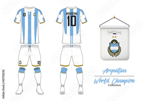 Soccer jersey or football kit in World Championship Collection. Argentina football national team. Football logo with house flag. Front and rear soccer uniform. Vector Illustration. 