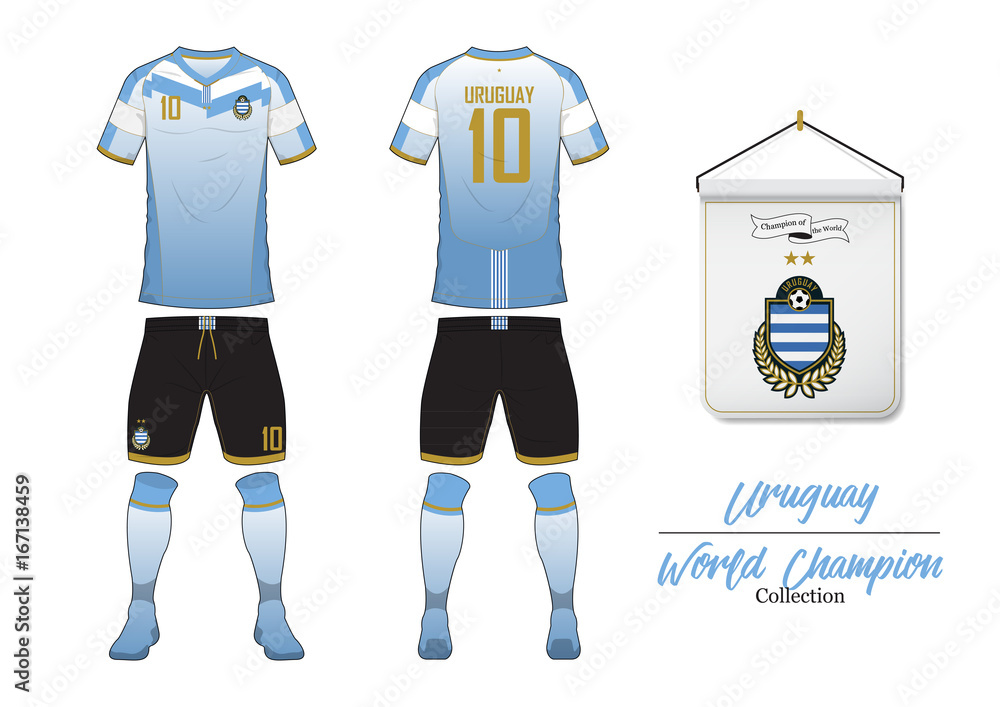 Soccer jersey or football kit in World Championship Collection. Uruguay  football national team. Football logo with house flag. Sport shirt mock up.  Front and rear soccer uniform. Vector Illustration. Stock Vector