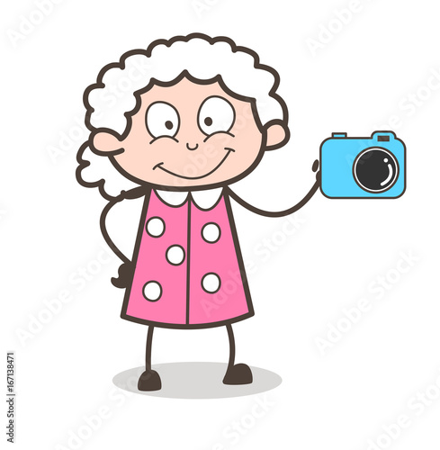 Cartoon Granny Showing a Camera Vector Illustration