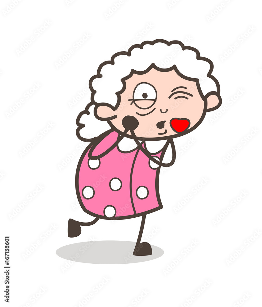 Obraz premium Cartoon Old Granny Giving a Flying Kiss Vector Illustration