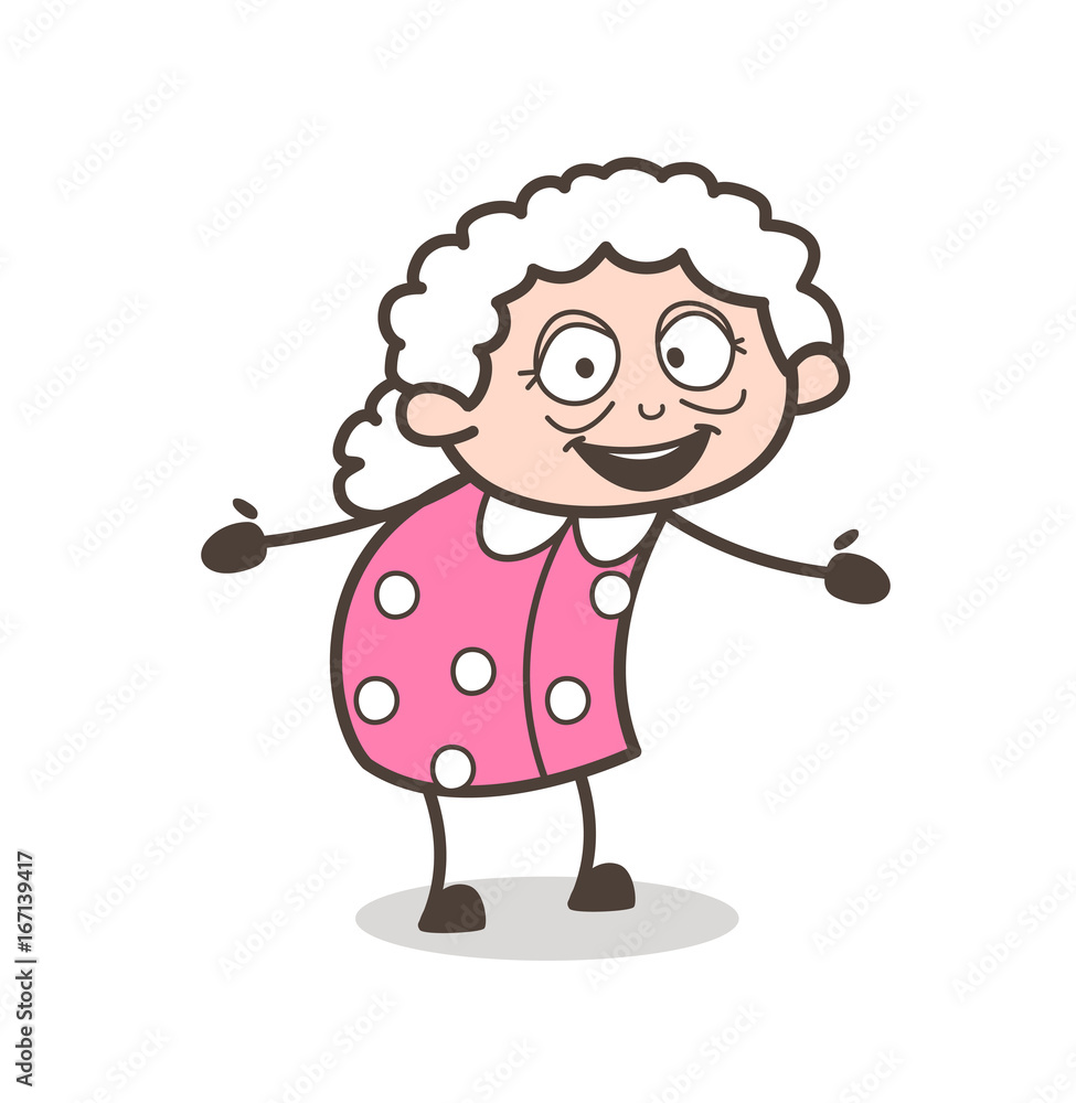 Obraz premium Cartoon Joyful Granny Presenting Vector Illustration