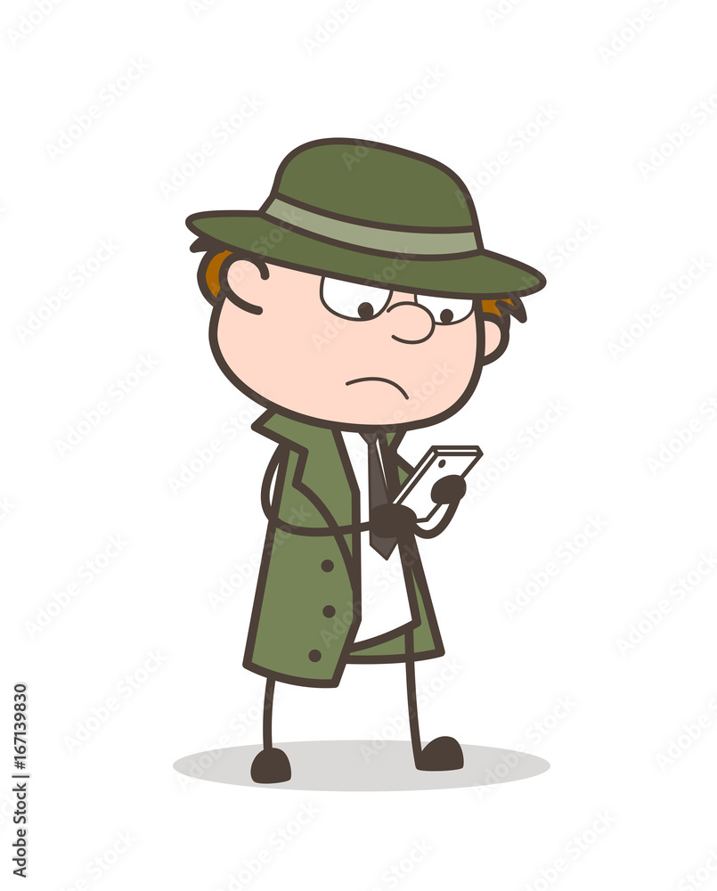 Cartoon Detective Dialing Number to Call Vector Illustration