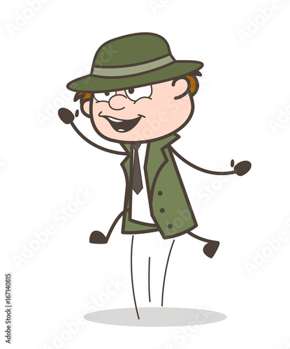 Cartoon Detective Jumping in Excitement Vector Illustration