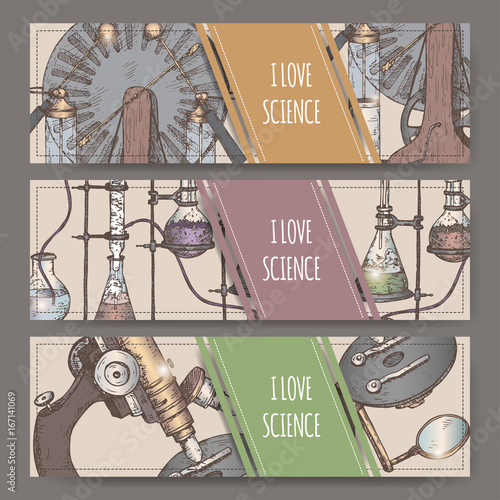 Three color landscape banners with hand drawn science equipment sketch.