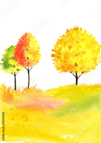 watercolor autumn landscape with trees