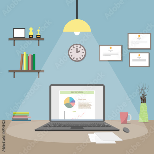 The perfect employee also working too hard over night at home for keep the best outstanding staff of company. Perform presentation and sell report for present on meeting or customer.