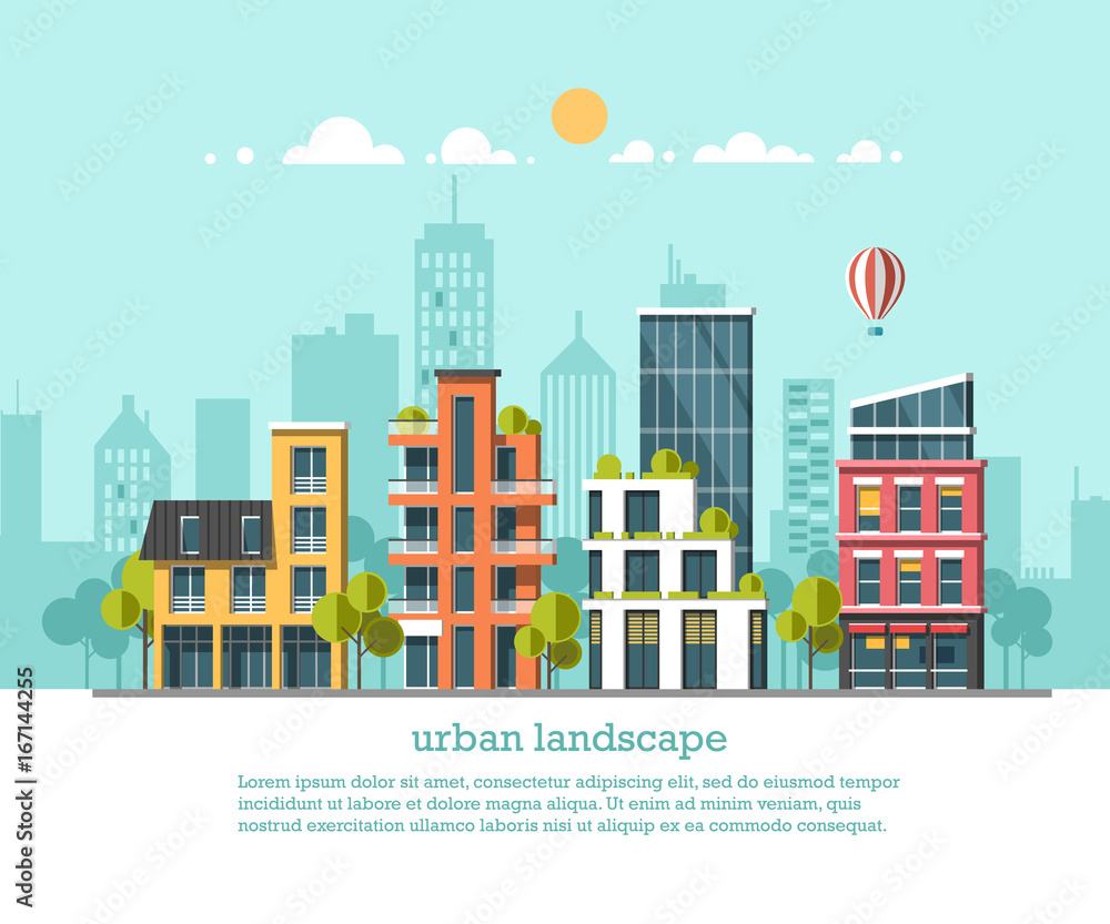 Green energy and eco friendly city. Modern architecture, buildings, hi-tech townhouses, green roofs, skyscrapers. Flat vector illustration. 3d style.