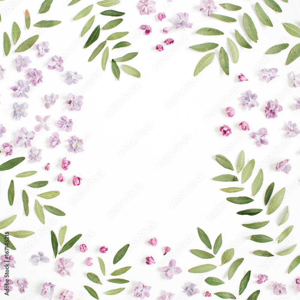 Frame of lilac flower petals, green leaves with space for text on white background. Flat lay, top view