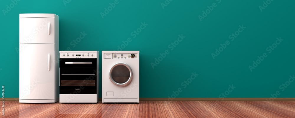 Home appliances on a wooden floor. 3d illustration - obrazy, fototapety, plakaty 