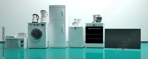 Foto Set of home appliances on a green floor. 3d illustration