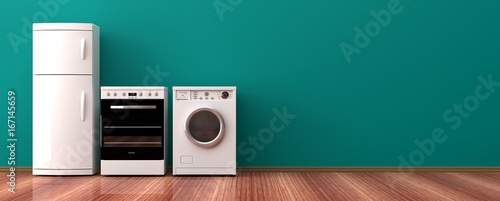 Foto Home appliances on a wooden floor. 3d illustration