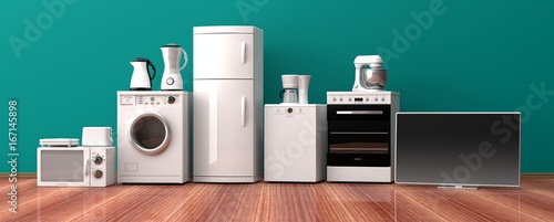 Set of home appliances on a wooden floor. 3d illustration photo