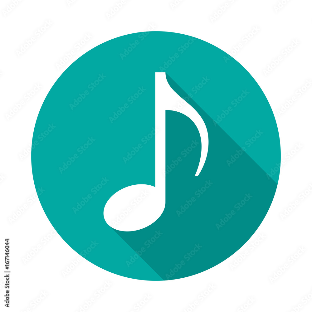 Music note circle icon with long shadow. Flat design style. Eighth note simple silhouette. Modern, minimalist, round icon in stylish colors. Web site page and mobile app design vector element. Music note circle icon with long shadow. Flat design style. Eighth note simple silhouette. Modern, minimalist, round icon in stylish colors. Web site page and mobile app design vector element.