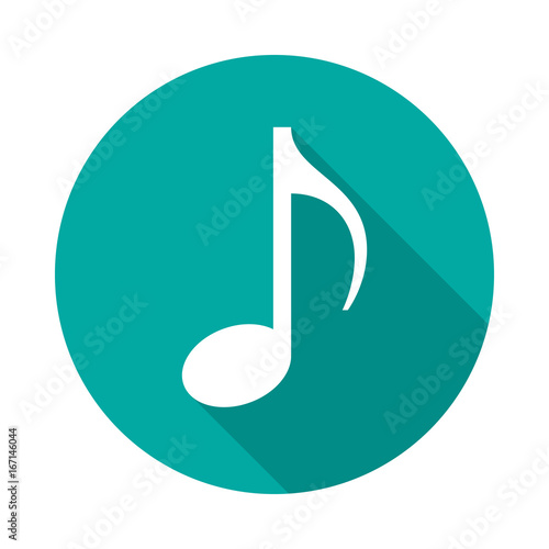 Music note circle icon with long shadow. Flat design style. Eighth note simple silhouette. Modern, minimalist, round icon in stylish colors. Web site page and mobile app design vector element.