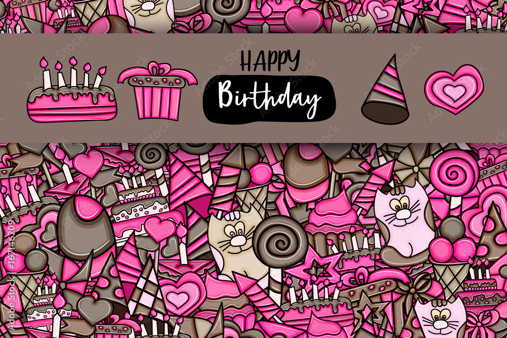 Birthday cartoon doodle design. Cute background concept for anniversary greeting card,  advertisement, banner, flyer, brochure. Hand drawn vector illustration. Brown and pink color.