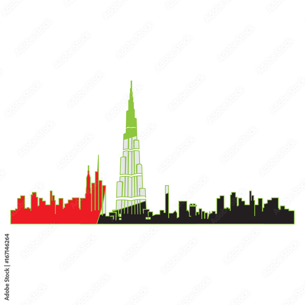Isolated cityscape of Dubai with the flag of UAE, Vector illustration