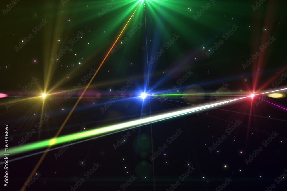laser show from multicolored rays of light in dark in disco. warning