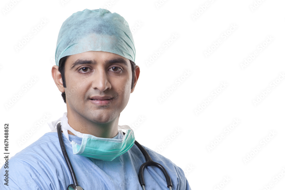 Close-up portrait of male surgeon over white background Close-up portrait of male surgeon over white background
