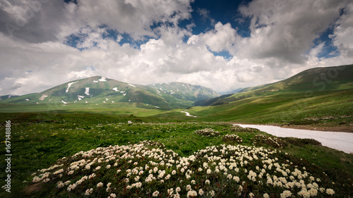 Caucasian mountains with glaciers and green glades. Lago-Naki. Russia