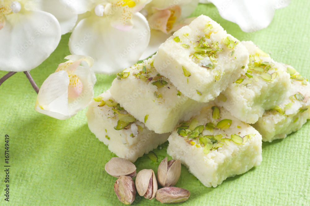 Close-up of kalakand and pistachio
