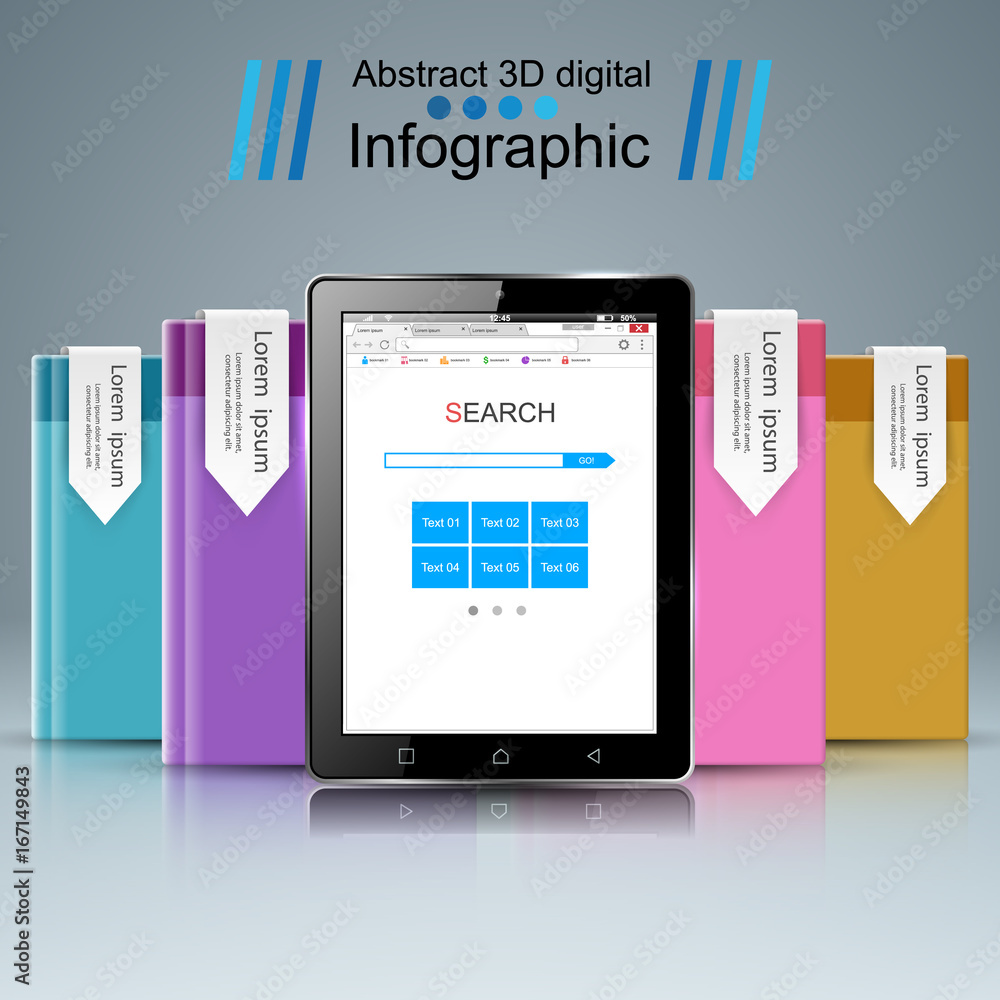 3D infographic design template and marketing icons. Business Infographics origami style Vector illustration. Tablet icon.