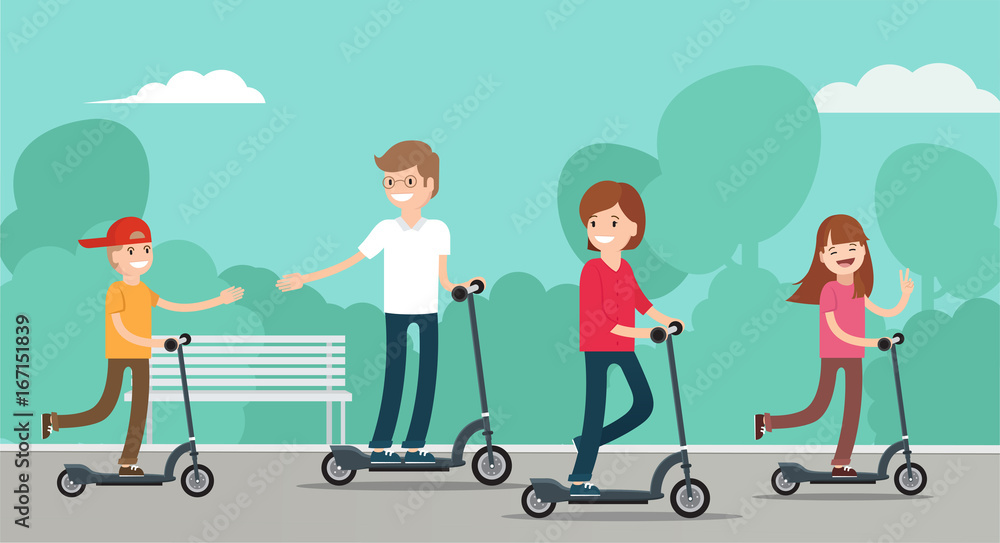 Happy family riding scooters in the park. Family with kids concept. Vector flat style illustration Happy family riding scooters in the park. Family with kids concept. Vector flat style illustration