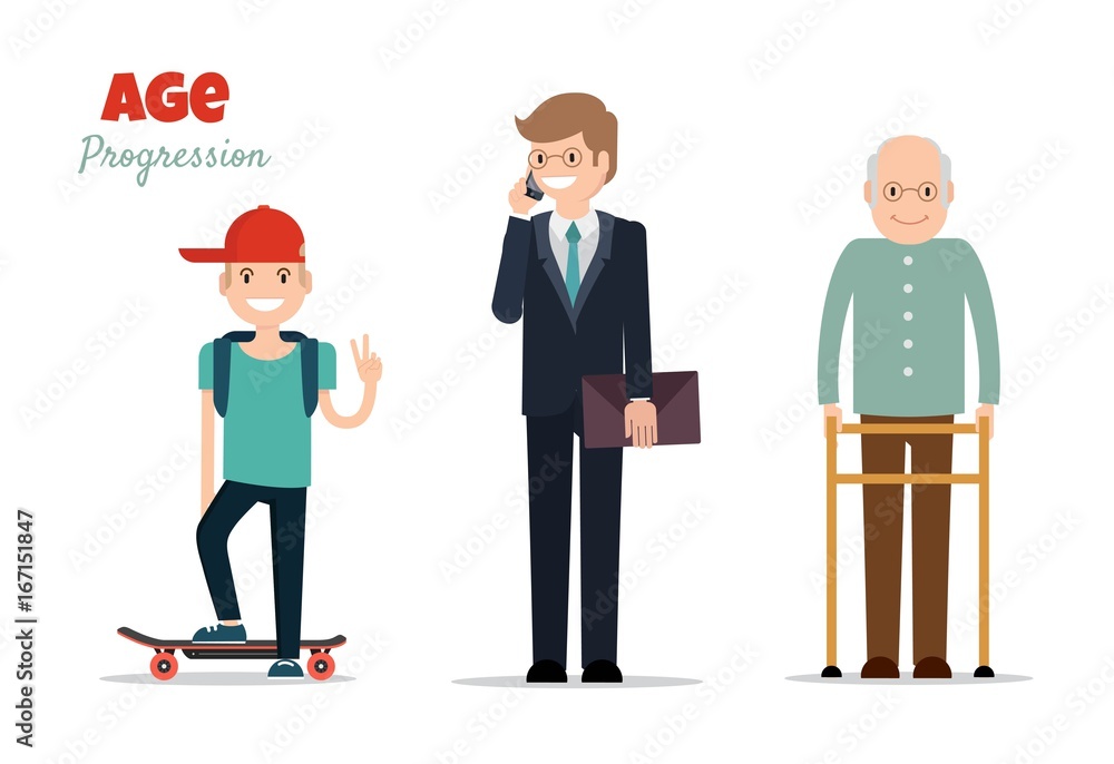 Different age groups of european man. Generations man. Stages of development man - infancy, childhood, maturity, old age. Vector flat illustration