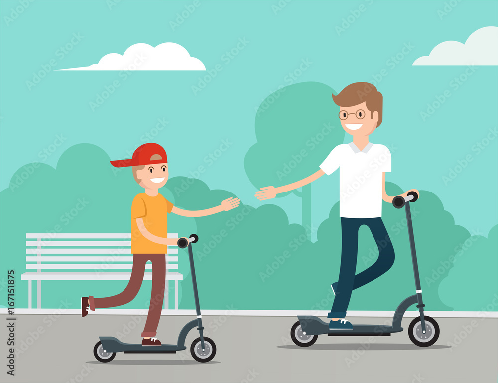 Cute little boy on scooter have fun with father in the park in summer sunny day. Young father teaching son to ride scooter. Parents teaching children concept. Vector flat illustration Cute little boy on scooter have fun with father in the park in summer sunny day. Young father teaching son to ride scooter. Parents teaching children concept. Vector flat illustration