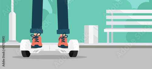 Girl or boy using hoverboard, a self-balancing two-wheeled board in public park. Vector flat illustration