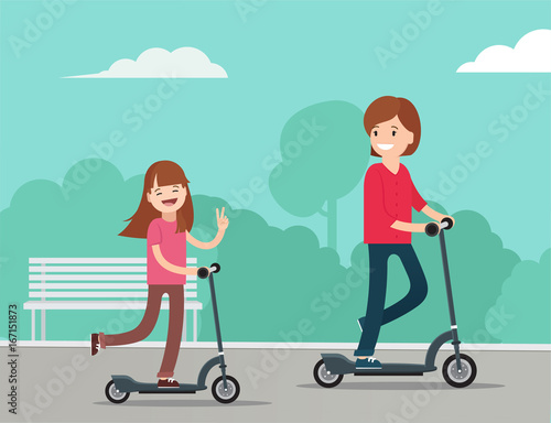 Cute little girl on scooter have fun with mother in the park in summer sunny day. Young mother teaching daughter to ride scooter. Parents and children concept. Vector flat illustration