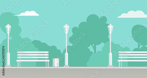 Public Park background. Picture of a city park with bench and  park lamppost, with bushes and trees on background. Vector flat illustration