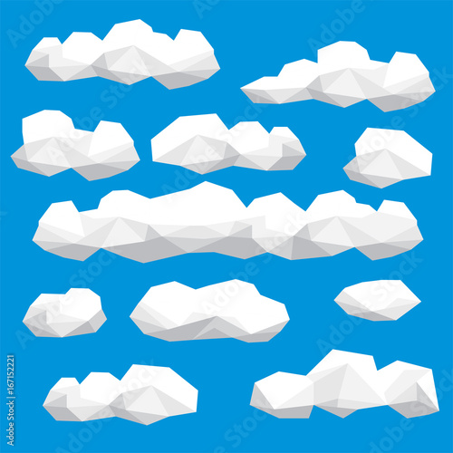 Polygon cloud collection, low poly cloud illustration set