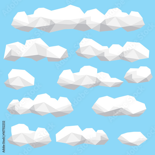 Polygon cloud collection, low poly cloud illustration set