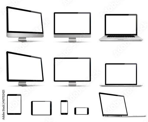 Realistic set of monitor, laptop, tablet, smartphone. Device collection - Stock Vector