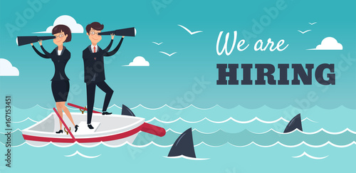 We are hiring banner. Vector illustration of businessman and businesswoman on boat watching through telescope. HR concept