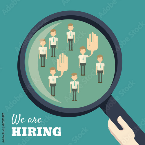 Job search and career choice employment concept, magnifying glass searching people. We are hiring concept