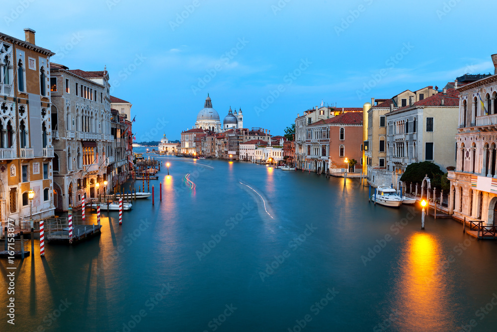 View of the Grand Canal and the Cathedral of Santa Maria della Salute at evening