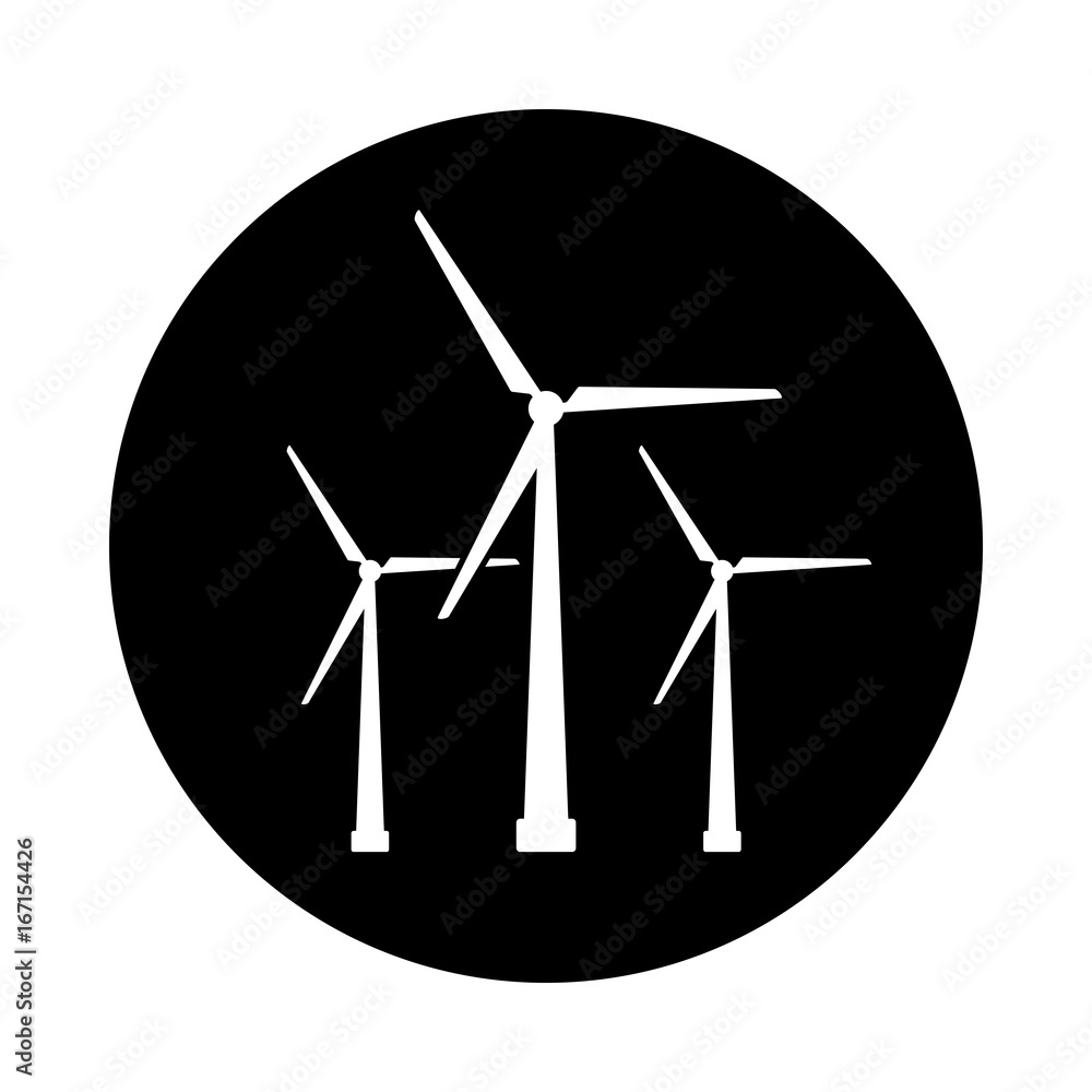 Wind turbine circle icon. Black, round, minimalist icon isolated on white background. Windmill simple silhouette. Web site page and mobile app design vector element. Wind turbine circle icon. Black, round, minimalist icon isolated on white background. Windmill simple silhouette. Web site page and mobile app design vector element.